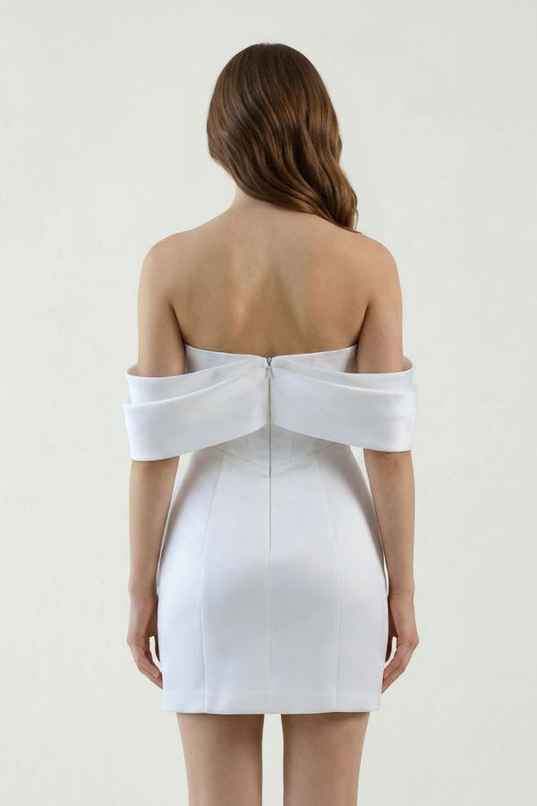White Off-the-Shoulder Ruched Satin Graduation Dress, White / 18
