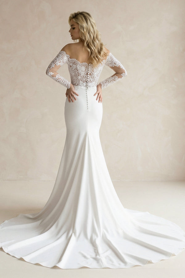 White Off - the - Shoulder Satin Mermaid Wedding Dress - KissProm Wedding Dresses