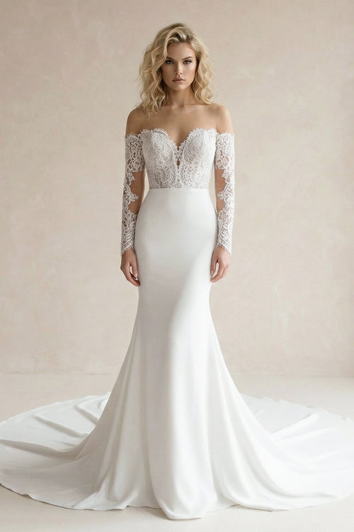 White Off - the - Shoulder Satin Mermaid Wedding Dress - KissProm Wedding Dresses