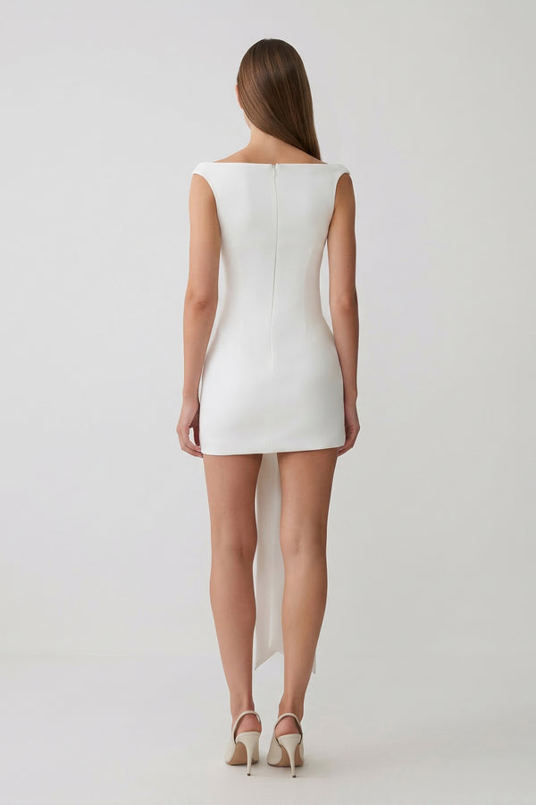 White Off-the-Shoulder Sheath Graduation Dress with Waist Tie – Graduation Dresses by KissProm | Available at KissProm