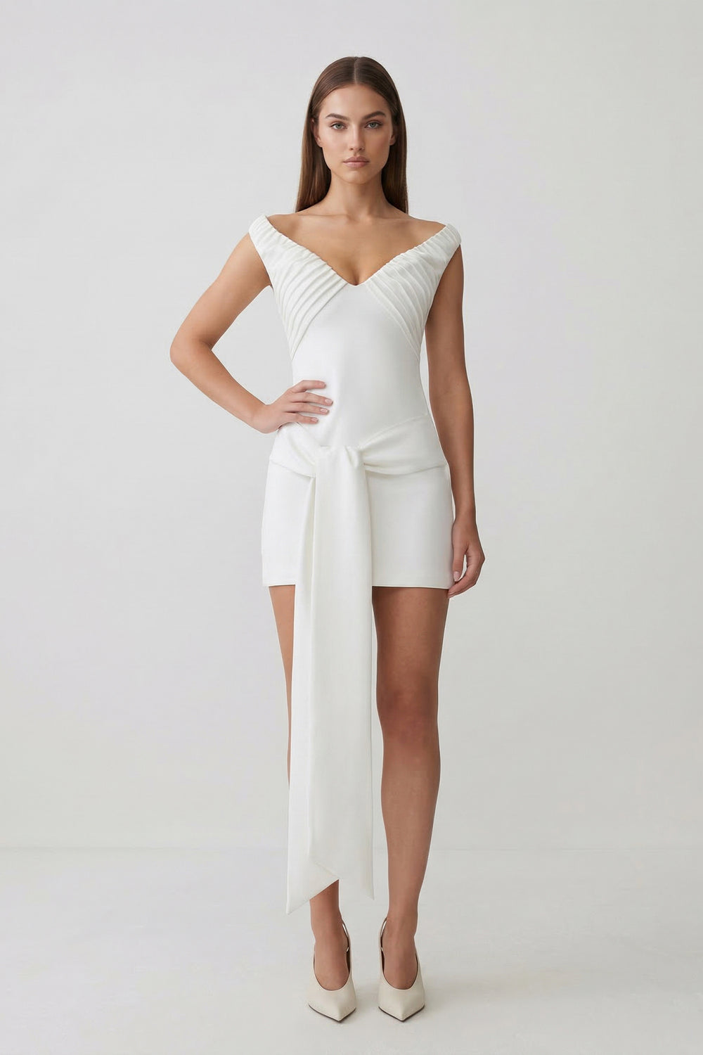 White Off-the-Shoulder Sheath Graduation Dress with Waist Tie – Graduation Dresses by KissProm | Available at KissProm