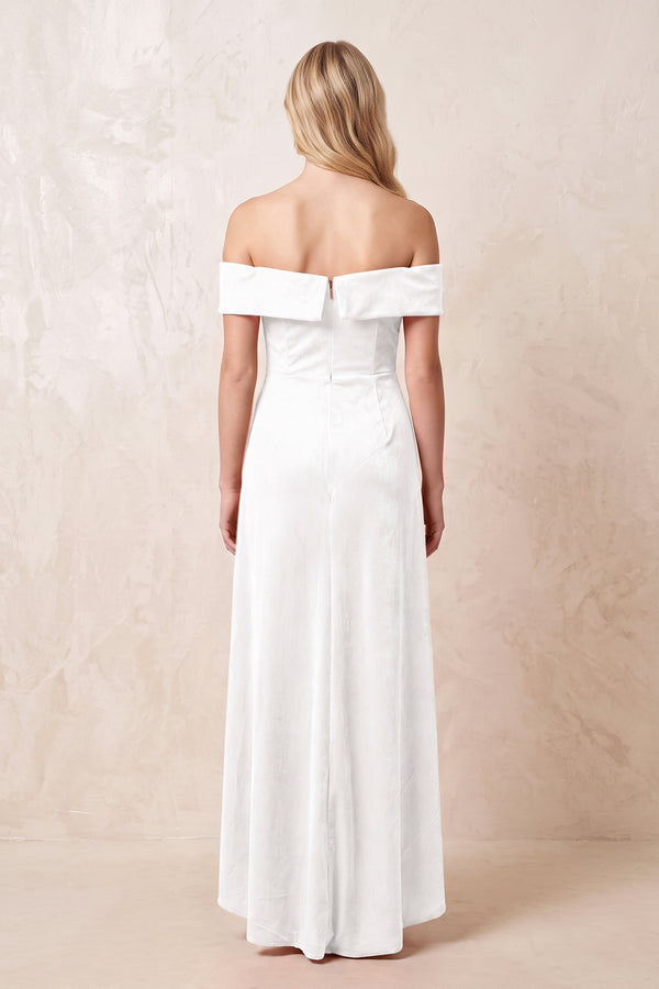 White Off-the-Shoulder Sheath Velvet Midi Bridesmaid Dress - KISSPROM