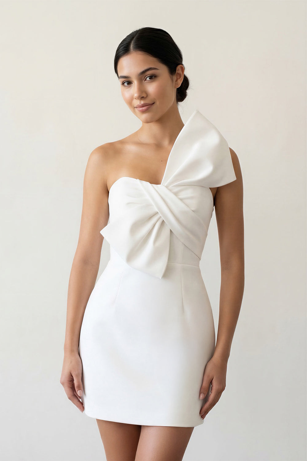 White One-Shoulder Satin Graduation Dress With Bow - KISSPROM
