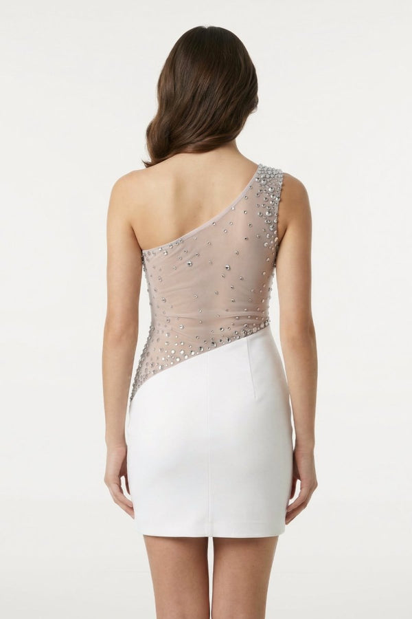 KissProm White One-Shoulder Sheath Beaded Graduation Dress, White / 18