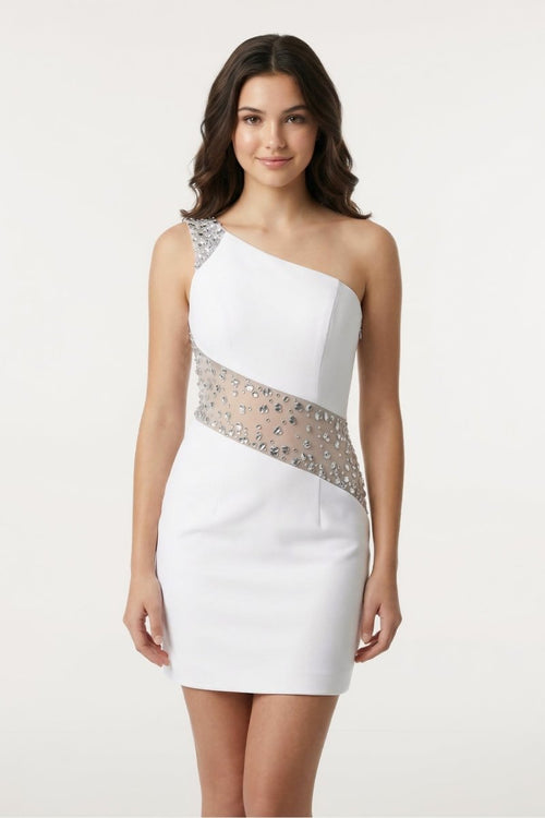 KissProm White One-Shoulder Sheath Beaded Graduation Dress, White / 18