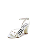 White Open Toe Ankle Strap Chunky Heels with Rhinestone Flower - KissProm