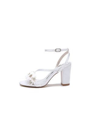 White Open Toe Ankle Strap Chunky Heels with Rhinestone Flower - KissProm