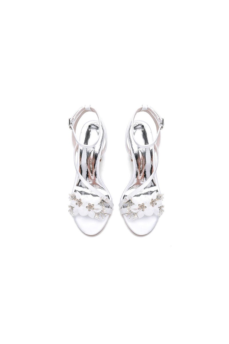 White Open Toe Ankle Strap Chunky Heels with Rhinestone Flower - KissProm