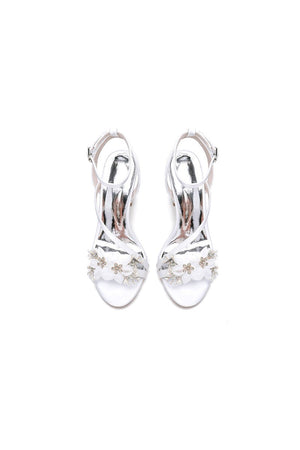 White Open Toe Ankle Strap Chunky Heels with Rhinestone Flower - KissProm
