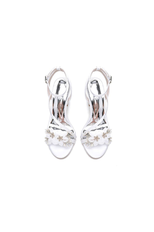 White Open Toe Ankle Strap Chunky Heels with Rhinestone Flower - KissProm