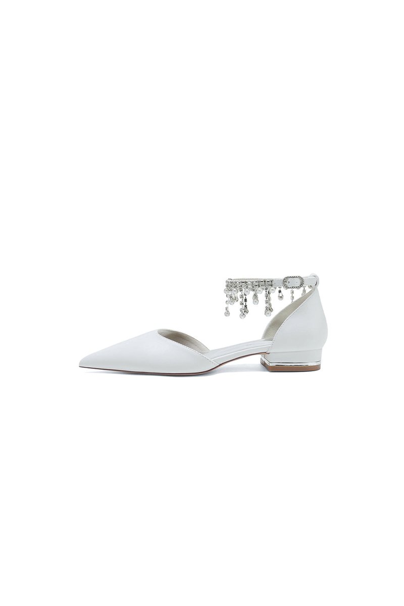 White Pearl Beaded Ankle Strap Pointed Toe Low Heels - KissProm