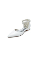 White Pearl Beaded Ankle Strap Pointed Toe Low Heels - KissProm