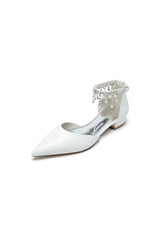 White Pearl Beaded Ankle Strap Pointed Toe Low Heels - KissProm