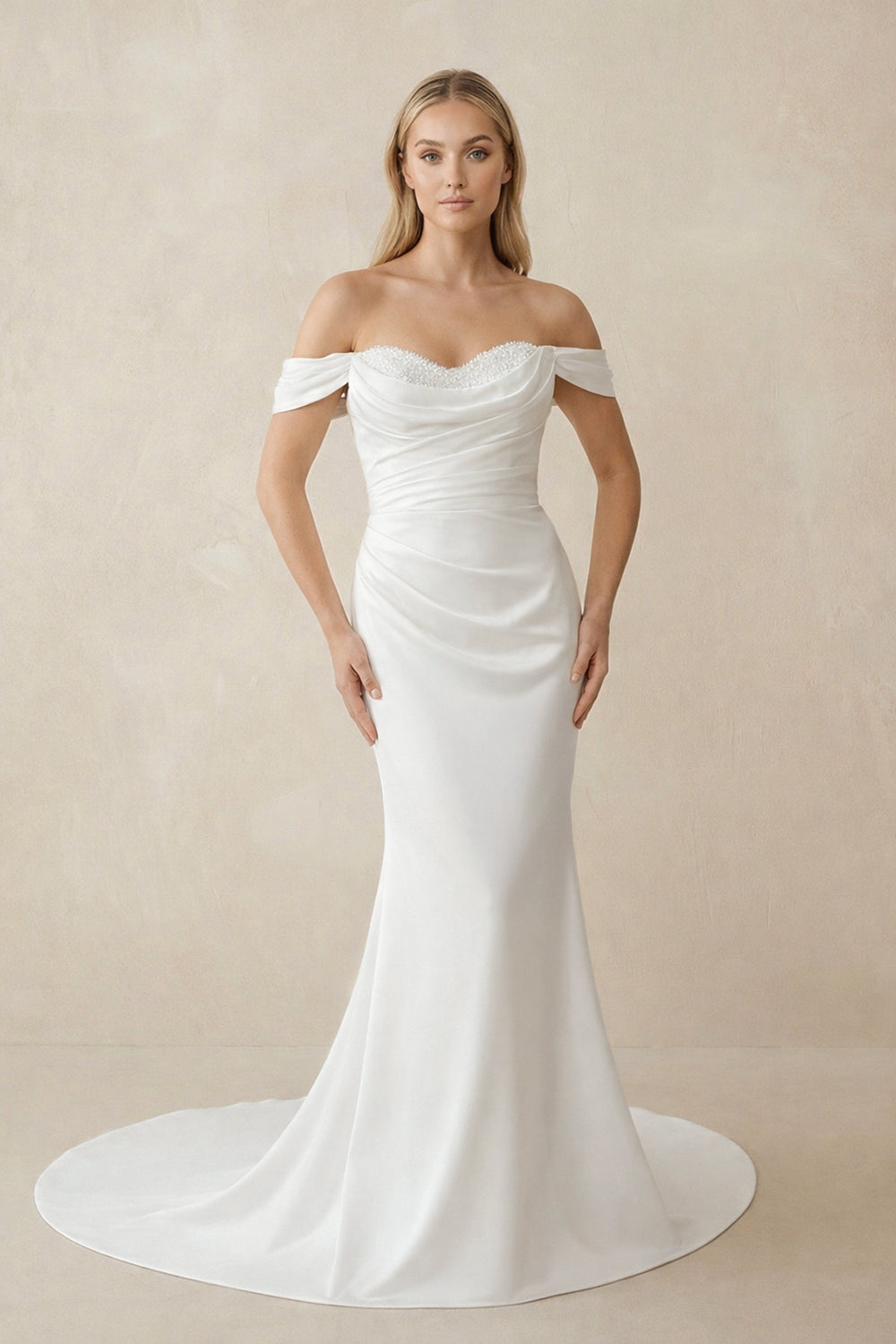 White Pearls Off - the - Shoulder Mermaid Long Wedding Dress – Wedding Dresses by KissProm | Available at KissProm