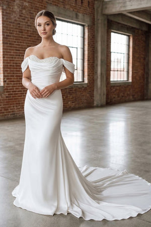 White Pearls Off - the - Shoulder Mermaid Long Wedding Dress - KissProm