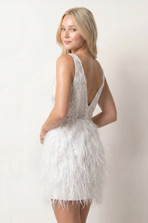 White Plunge Feathers Sheath Homecoming Dress With Beading (2) | KISSPROM