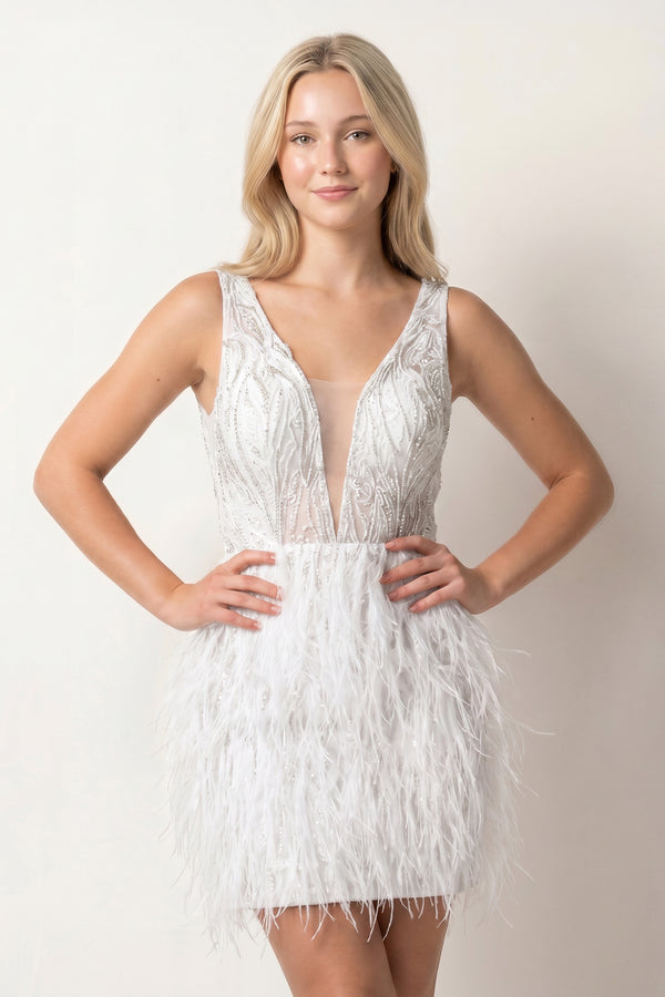 White Plunge Feathers Sheath Homecoming Dress With Beading | KISSPROM