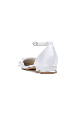 White Pointed Toe Ankle Strap Low Heels with Rhinestone - KissProm
