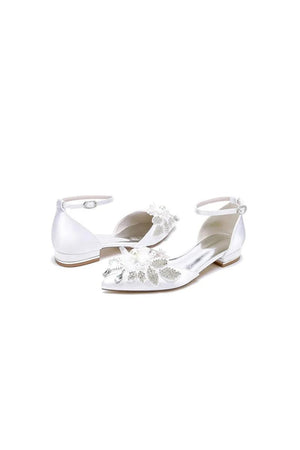 White Pointed Toe Ankle Strap Low Heels with Rhinestone - KissProm