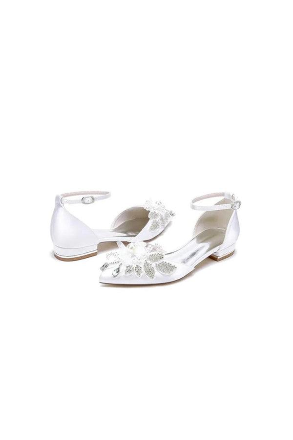 White Pointed Toe Ankle Strap Low Heels with Rhinestone - KissProm