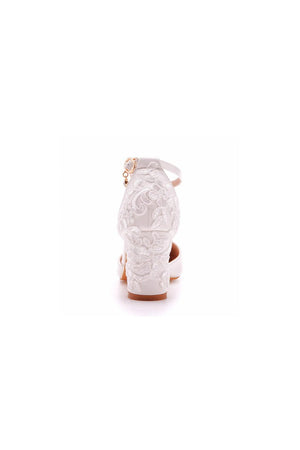White Pointed Toe Lace Ankle Strap Chunky Heels - KissProm