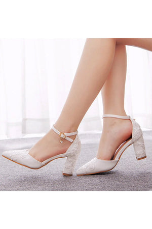 White Pointed Toe Lace Ankle Strap Chunky Heels - KissProm
