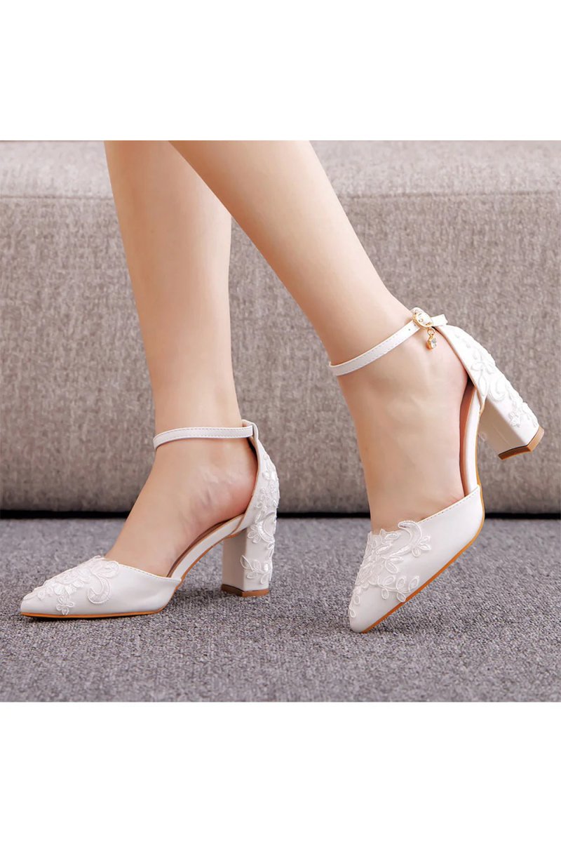 White Pointed Toe Lace Ankle Strap Chunky Heels - KissProm