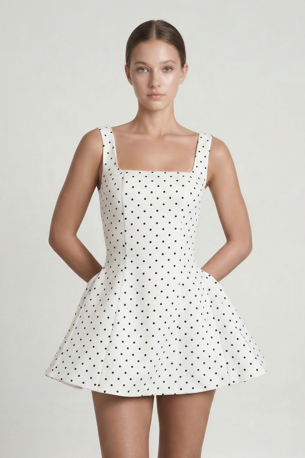 White Polka Dot Square Neck A-Line Mini Graduation Dress - KISSPROM
