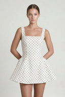 White Polka Dot Square Neck A - Line Mini Graduation Dress - KissProm