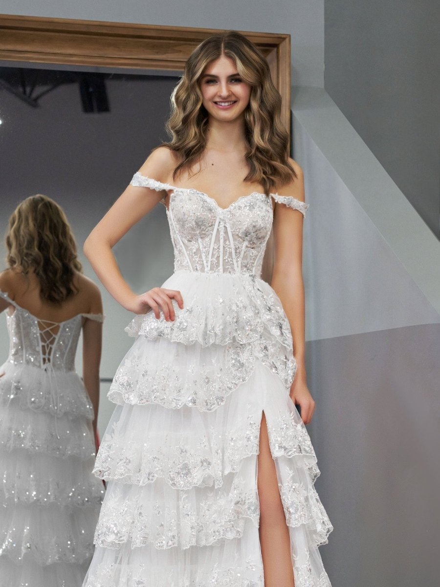 KissProm White Princess A Line Off the Shoulder White Corset Prom Dress with Lace Ruffles, White / 18