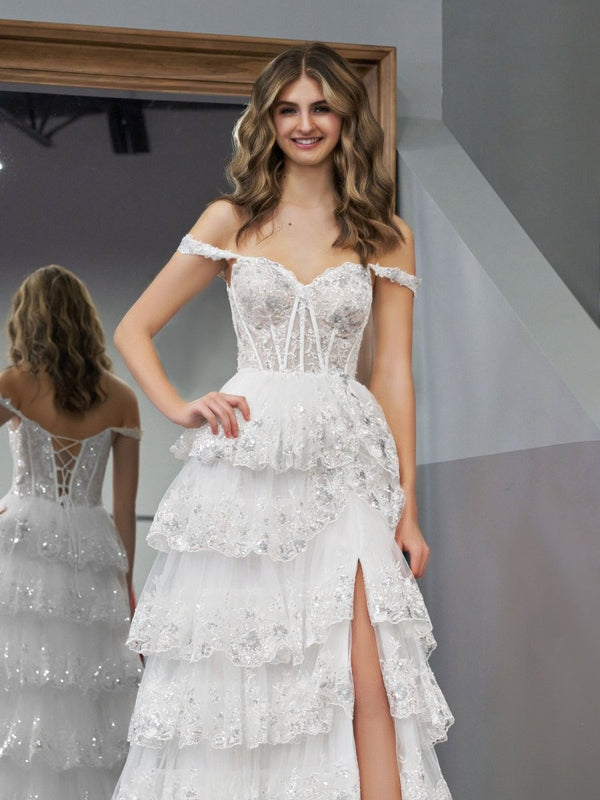A-Line Lace Off-the-Shoulder Tiered Long Prom Dress with Slit – Prom Dress by KissProm | Available at KissProm