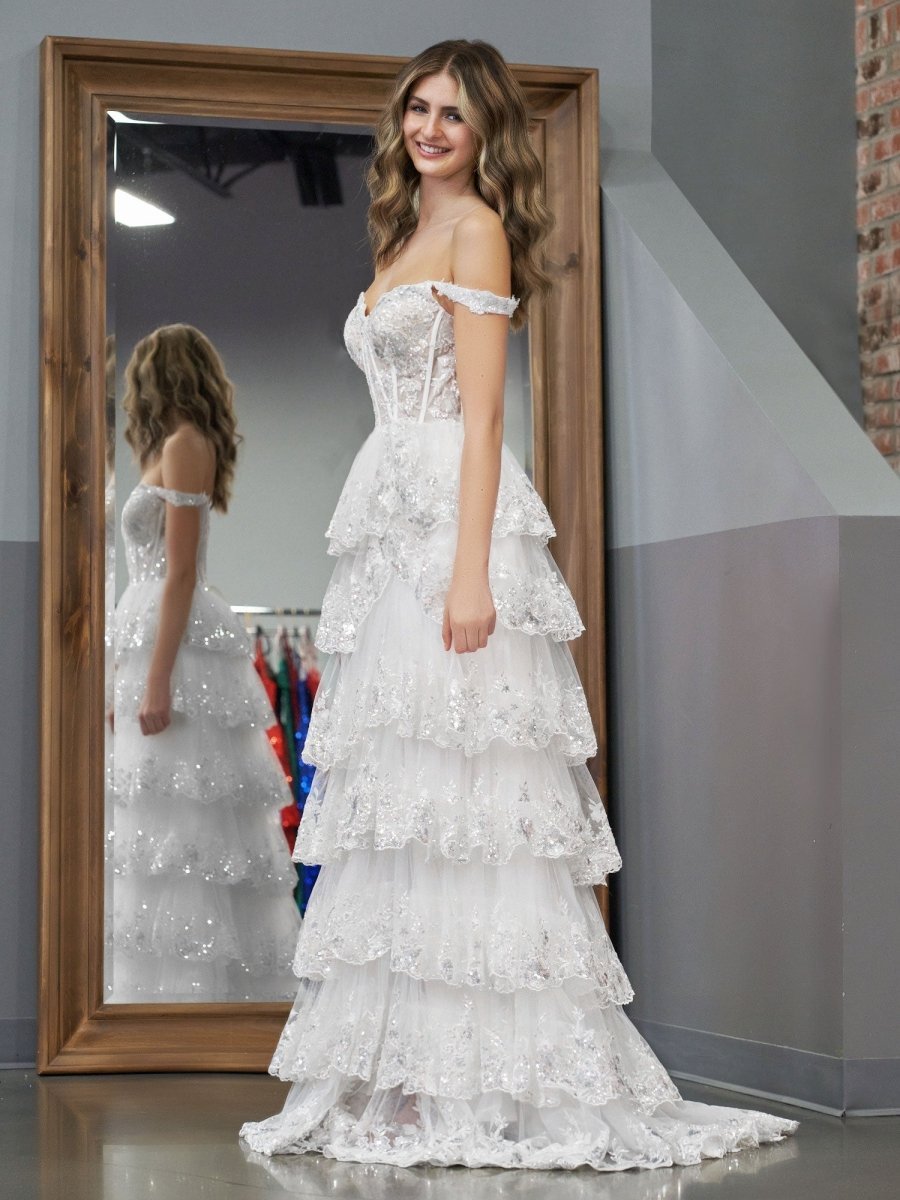 KissProm White Princess A Line Off the Shoulder White Corset Prom Dress with Lace Ruffles, White / 18