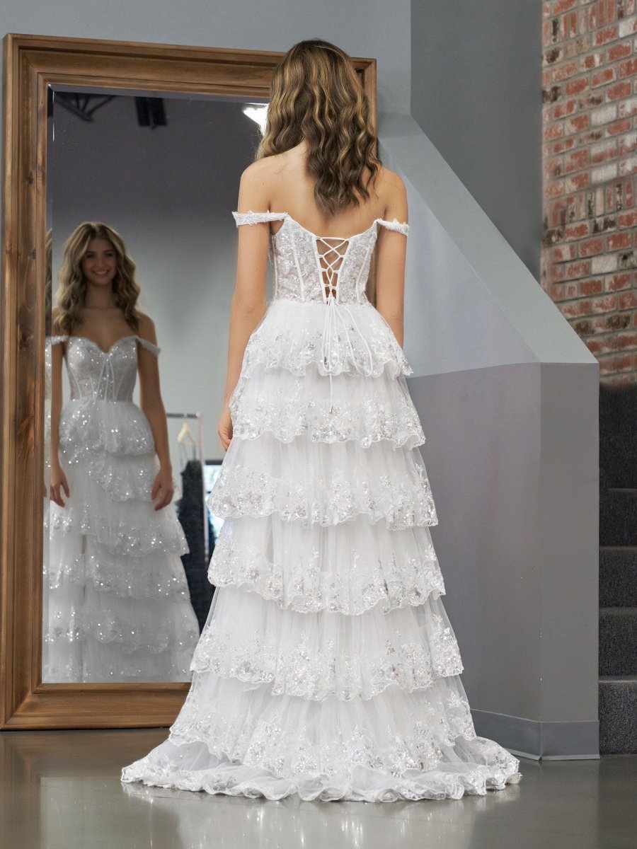 White Princess A Line Off the Shoulder White Corset Prom Dress with La