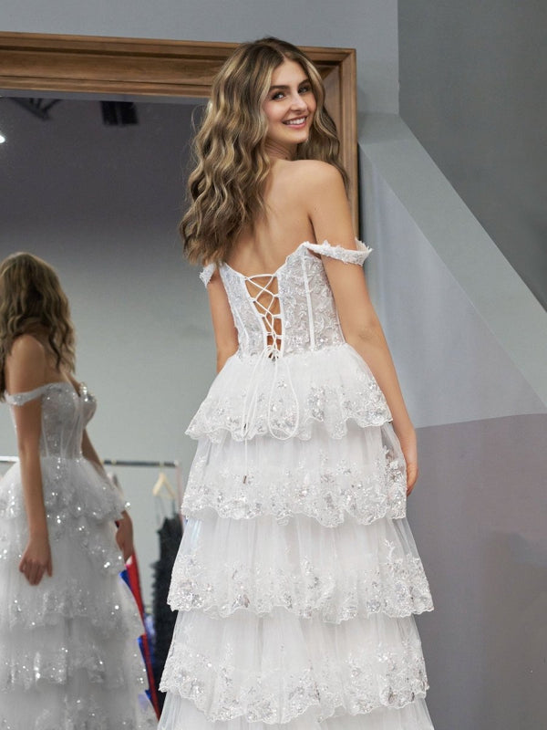 A-Line Lace Off-the-Shoulder Tiered Long Prom Dress with Slit – Prom Dress by KissProm | Available at KissProm