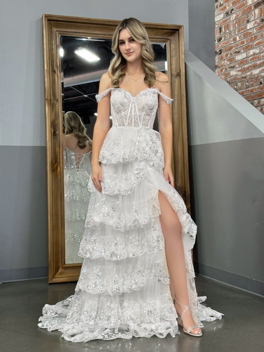 White Princess A Line Off the Shoulder White Corset Prom Dress with Lace Ruffles White / 00