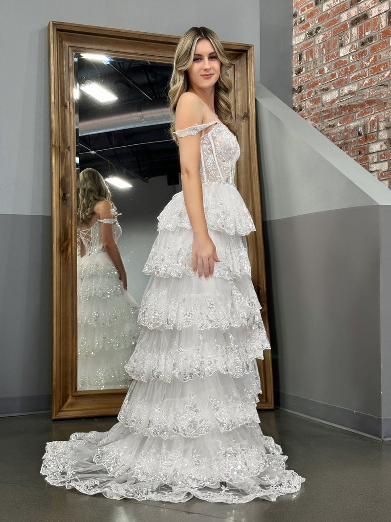 White Princess A Line Off the Shoulder White Corset Prom Dress with La