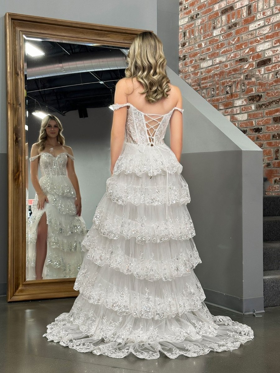 White Princess A Line Off the Shoulder White Corset Prom Dress with La
