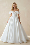 White Puff Off-the-Shoulder V Neck Sweeping Long Wedding Dress-Wedding Dresses by KissProm | Available at KissProm