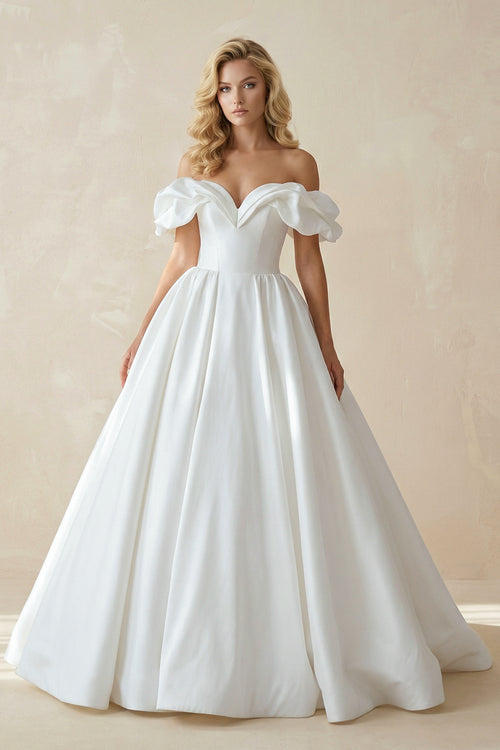 White Puff Off-the-Shoulder V Neck Sweeping Long Wedding Dress-Wedding Dresses by KissProm | Available at KissProm