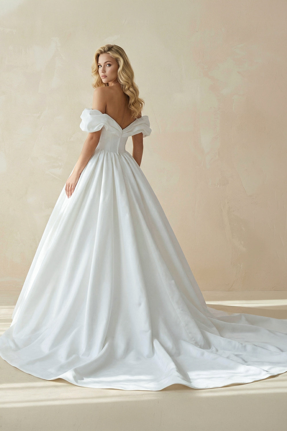 White Puff Off-the-Shoulder V Neck Sweeping Long Wedding Dress-Wedding Dresses by KissProm | Available at KissProm