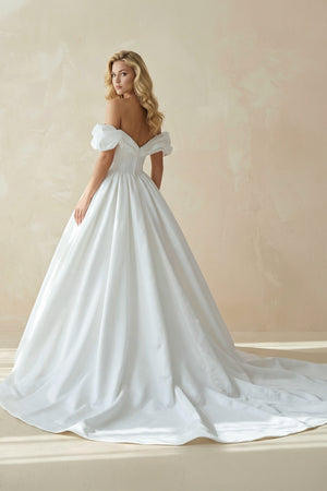 White Puff Off-the-Shoulder V Neck Sweeping Long Wedding Dress-Wedding Dresses by KissProm | Available at KissProm