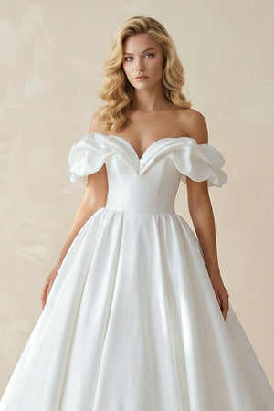 White Puff Off-the-Shoulder V Neck Sweeping Long Wedding Dress-Wedding Dresses by KissProm | Available at KissProm