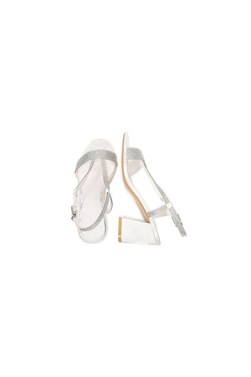 White Rhineshones Open Toe Block Heel Sandal - KissProm