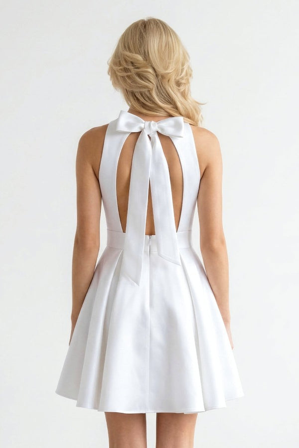 satin halter mini dress white White Satin Halter Neck A-Line Mini Dress, Sleeveless, Open Back, Side Zipper RiveMonde