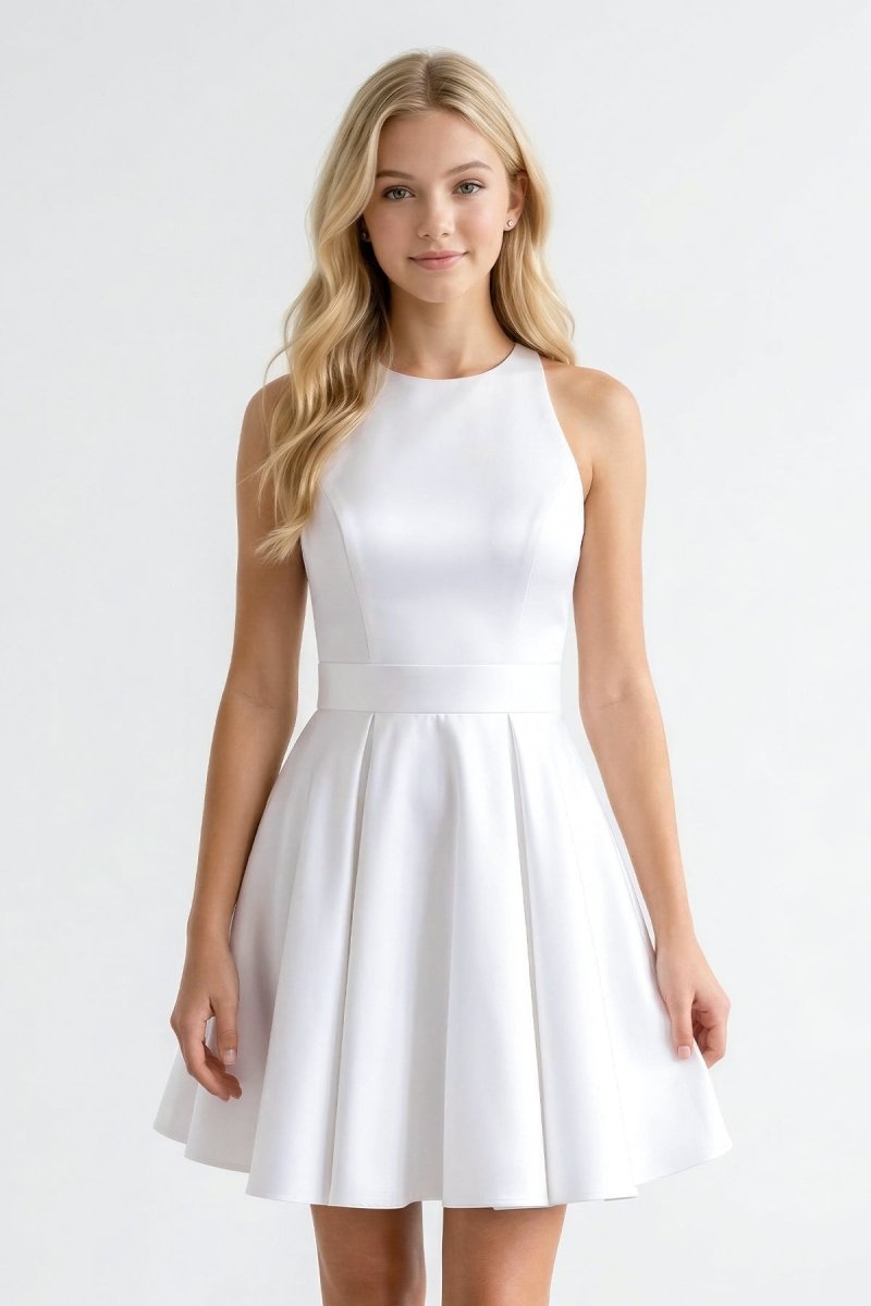 White Satin Halter Mini Graduation Dress With Bow