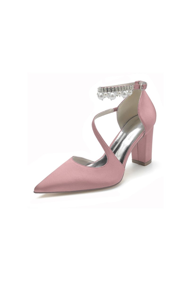 White Satin Heels with Cross - Strap Design and Pearl - Accented Buckle - KissProm