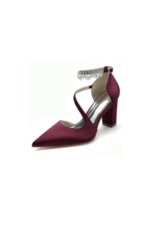 White Satin Heels with Cross - Strap Design and Pearl - Accented Buckle - KissProm