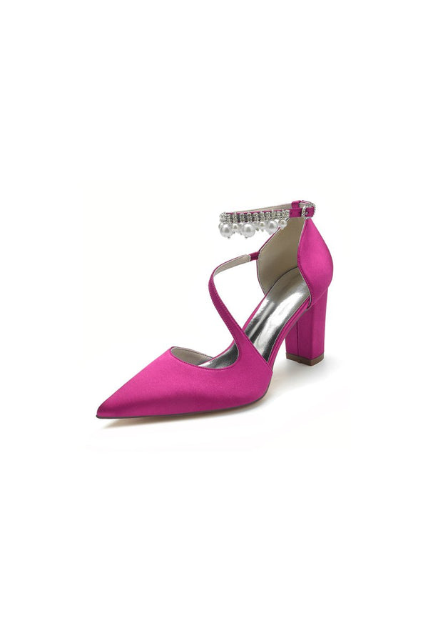 White Satin Heels with Cross - Strap Design and Pearl - Accented Buckle - KissProm