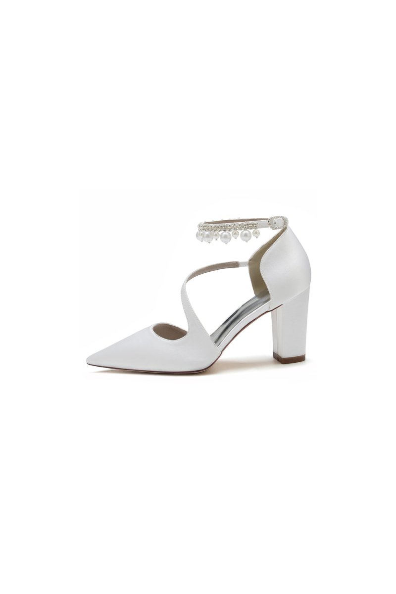 White Satin Heels with Cross - Strap Design and Pearl - Accented Buckle - KissProm