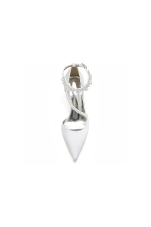 White Satin Heels with Cross - Strap Design and Pearl - Accented Buckle - KissProm
